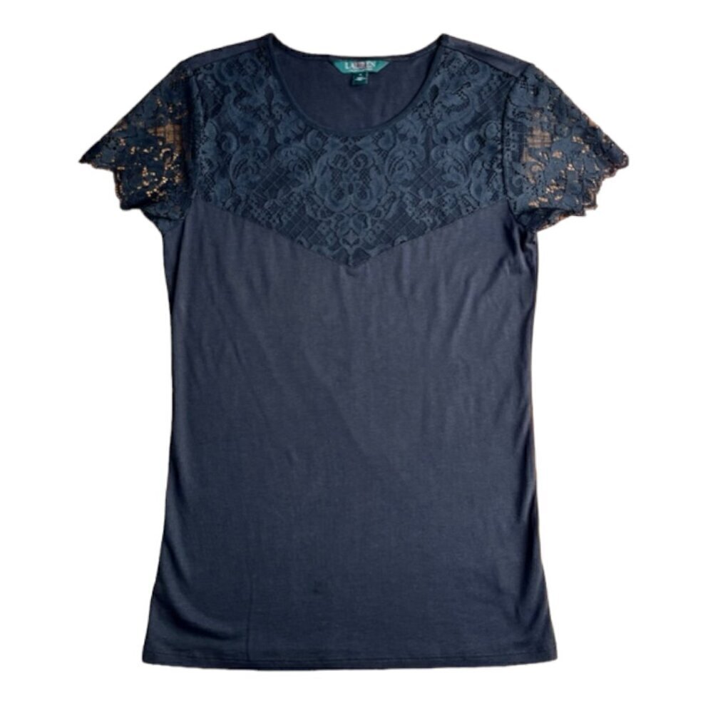 Lauren Ralph Lauren NWOT Women Black Short Sleeve Lace Sleeve Front Chest Top Sm